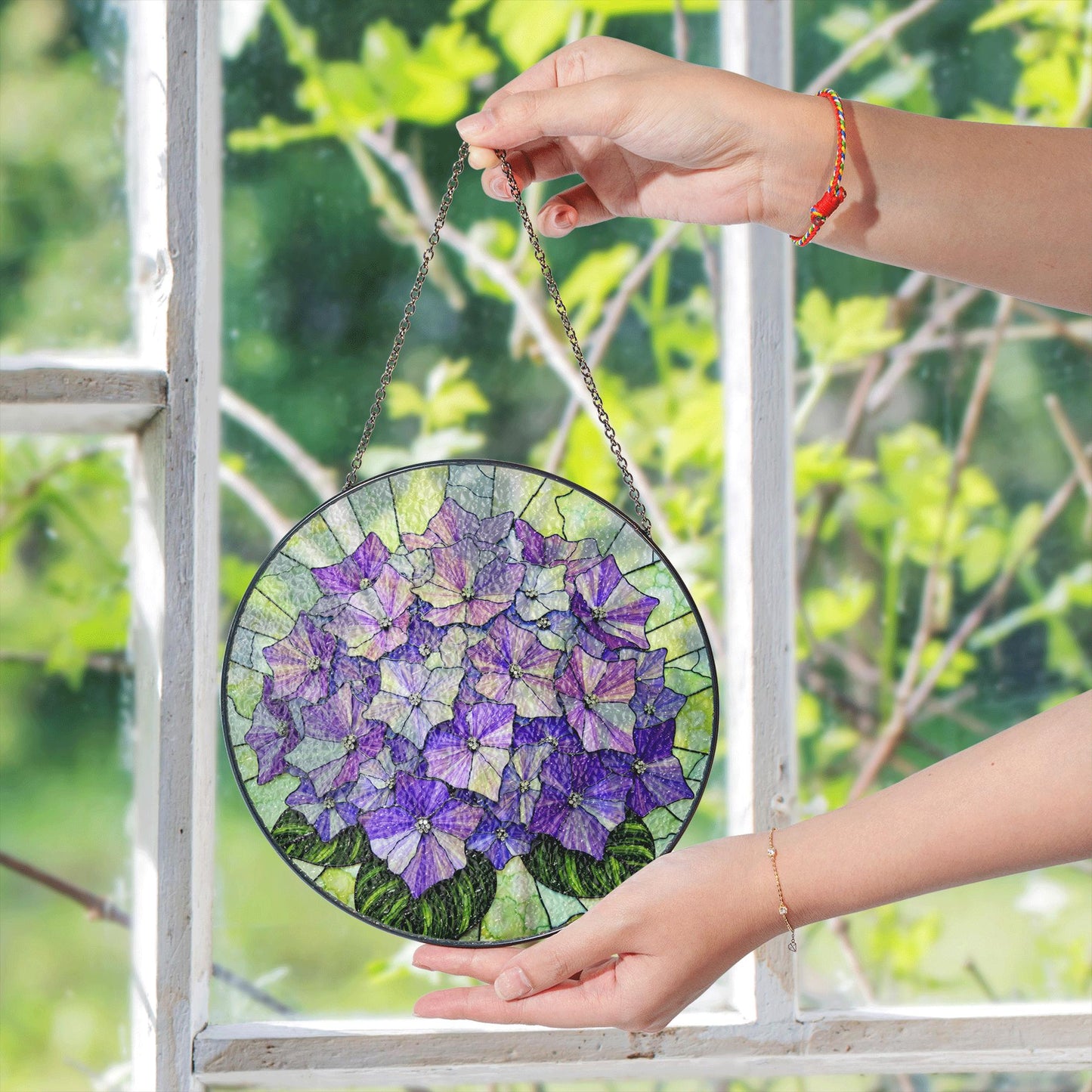 Purple hydrangea floral round stained glass suncatcher window hanging gift for mom