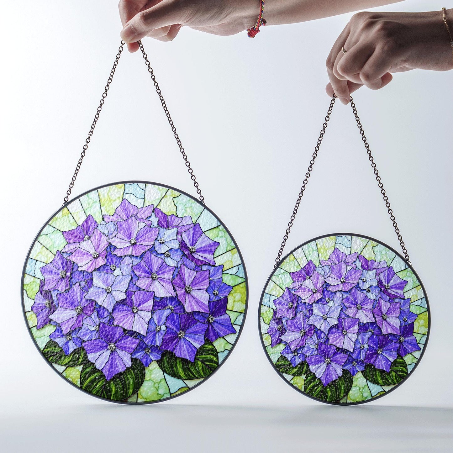 Purple hydrangea floral round stained glass suncatcher window hanging gift for mom