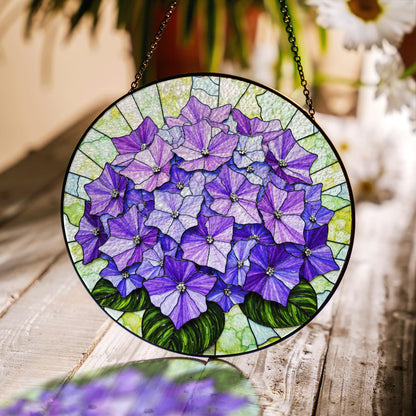 Purple hydrangea floral round stained glass suncatcher window hanging gift for mom