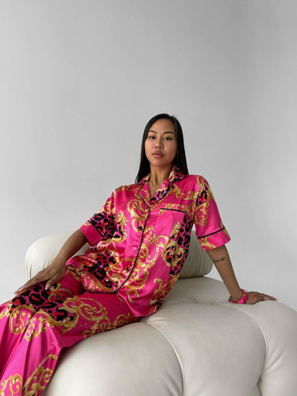 Hot Pink Baroque Leopard Satin Pajama Set | Bold Women's Sleepwear | Short Sleeve Button Down Top & Pants | Luxury Lounge Set Gift for Her