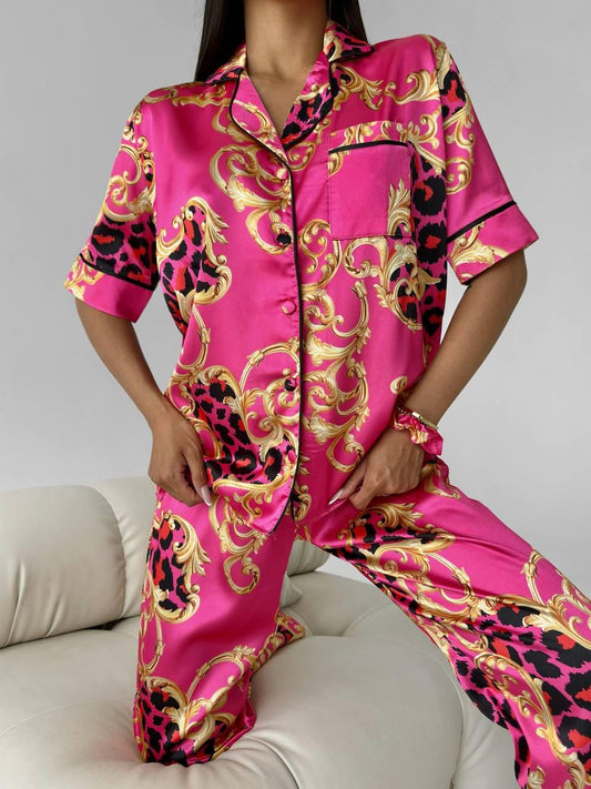 Hot Pink Baroque Leopard Satin Pajama Set | Bold Women's Sleepwear | Short Sleeve Button Down Top & Pants | Luxury Lounge Set Gift for Her