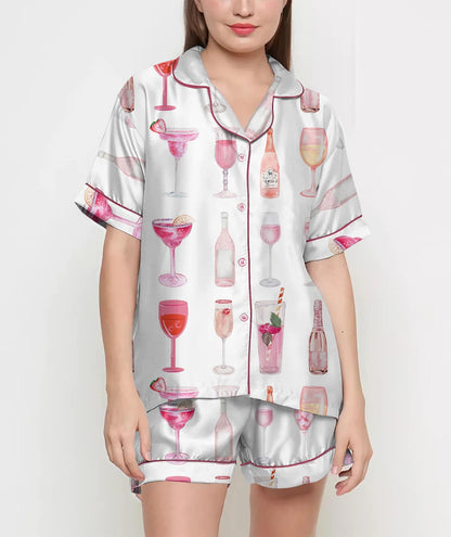 Champagne Cocktail Pajamas Satin Set, Coquette Shirt, Mother Gift, Birthday Gift,Pjs For Women, Bridesmaid Gifts, Party Gift, Pink Coquette