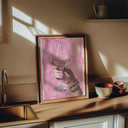 Pink Wine Art Print: Glam Rosé, Chic Bar Decor