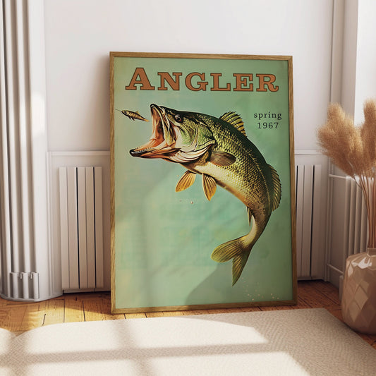Bass Fishing Vintage Poster Art Retro Travel Poster Cabin Wall Decor Outdoor Sports Angler Fisherman Illustration Father's Day Gift for Dad