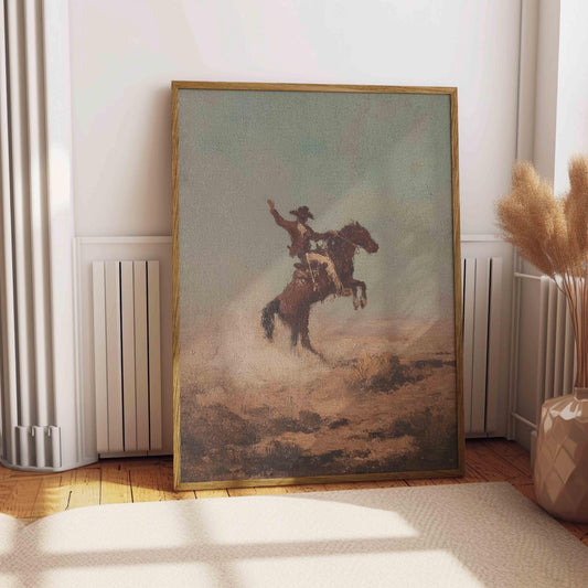 Vintage Bucking Bronco Print Western Oil Painting Rustic Western Cowboy Poster Antique Retro Mid Century Decor Horse Cabin Cottage Wall Art