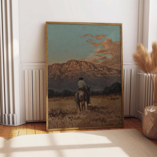 Vintage Western Cowboy Oil Painting Rustic 1800s Horse Poster Antique Retro Mid Century Decor Rocky Mountain Western Cabin Cottage Wall Art
