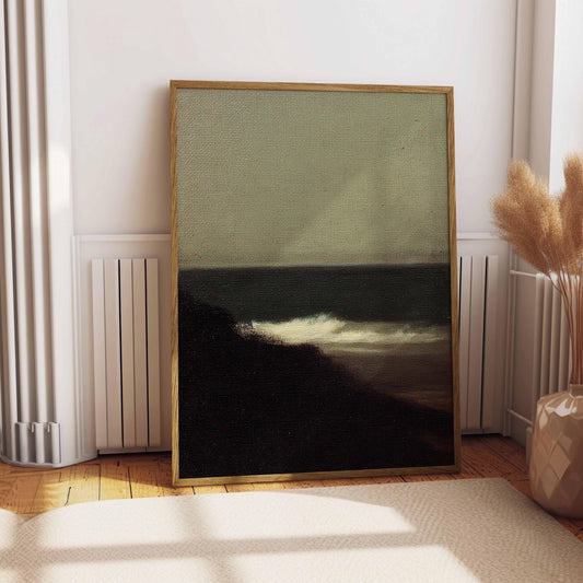 Waves Crashing on Beach Vintage Oil Painting Rustic Ocean Coast 1800s Print Moody Wall Decor Antique Cottage Farmhouse Minimalist Wall Art