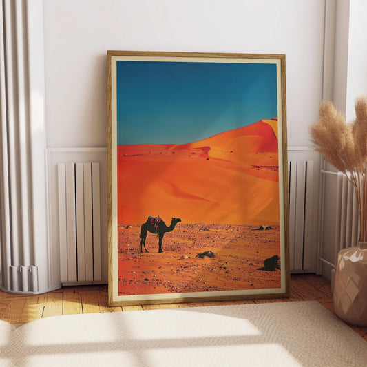 Vintage Camel in Sahara Desert Poster Retro Y2K Wall Decor Backpacking Magazine Advertisement Print Outdoor Travel Print 1980s Catalogue Art