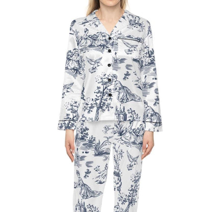 Toile De Jouy Pajamas, French Toile Satin Set, French Garden PJs, Blue Toile Pajama Pants, Bridal Party Gifts, Getting Ready PJs, Bridesmaid