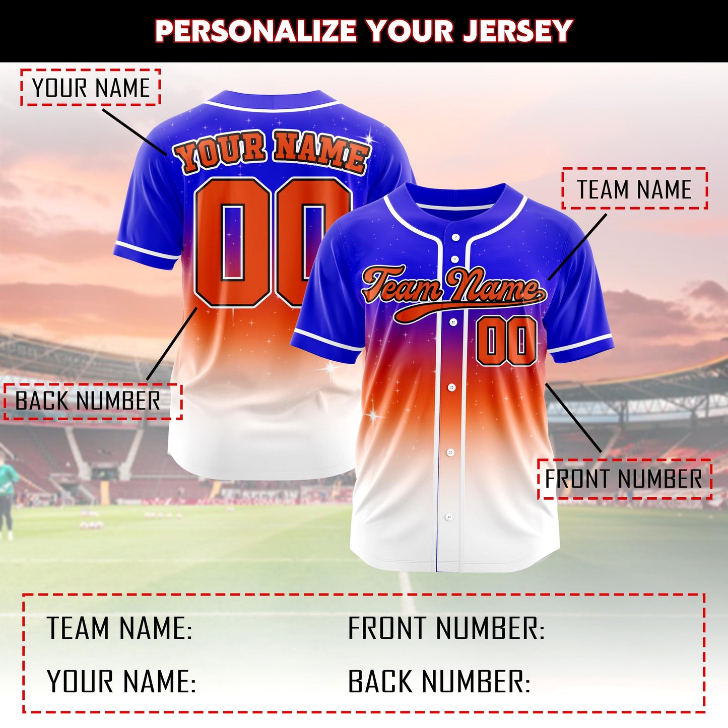 Custom baseball jersey personalized team name number gradient team uniform party jerseys Sports shirt Kids Adults (Printed Glitter)
