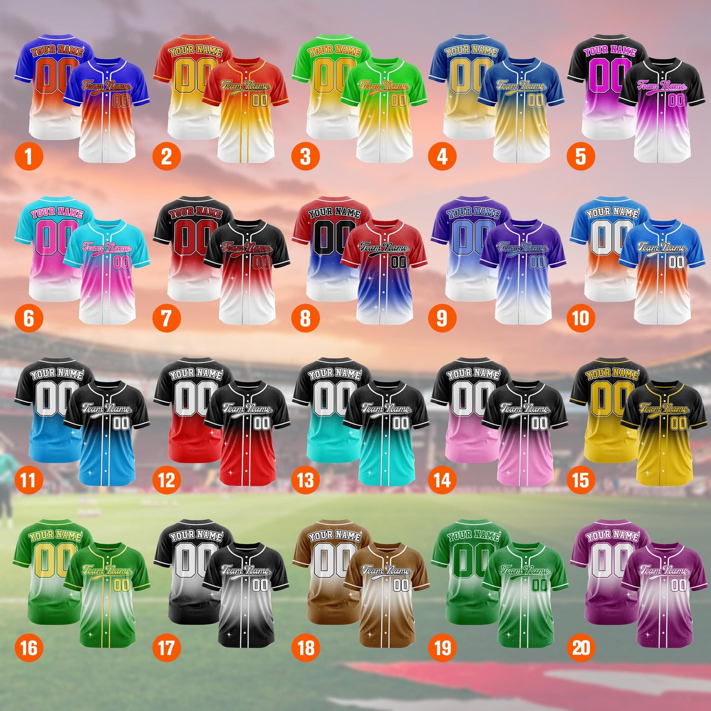 Custom baseball jersey personalized team name number gradient team uniform party jerseys Sports shirt Kids Adults (Printed Glitter)