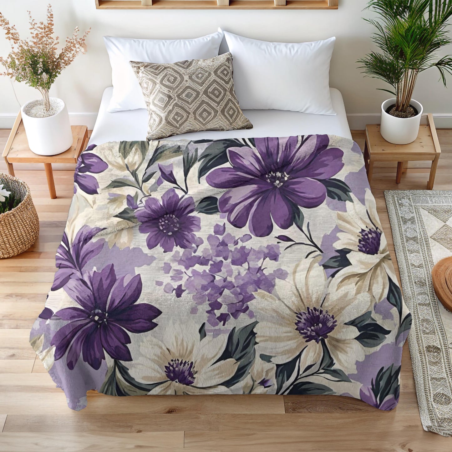 Purple Floral Velveteen Plush Blanket, Cozy Boho Throw, Gift for Her, Mom, Nature-Inspired Blanket, Spring, Summer Home Decor, Flower Lover