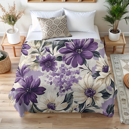 Purple Floral Velveteen Plush Blanket, Cozy Boho Throw, Gift for Her, Mom, Nature-Inspired Blanket, Spring, Summer Home Decor, Flower Lover