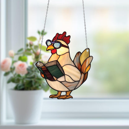 Reading Chicken Window Hanging – Funny Farm Animal Decor, Chicken Lover Gift, Cute Glass-Style Home Accent For Bookworms
