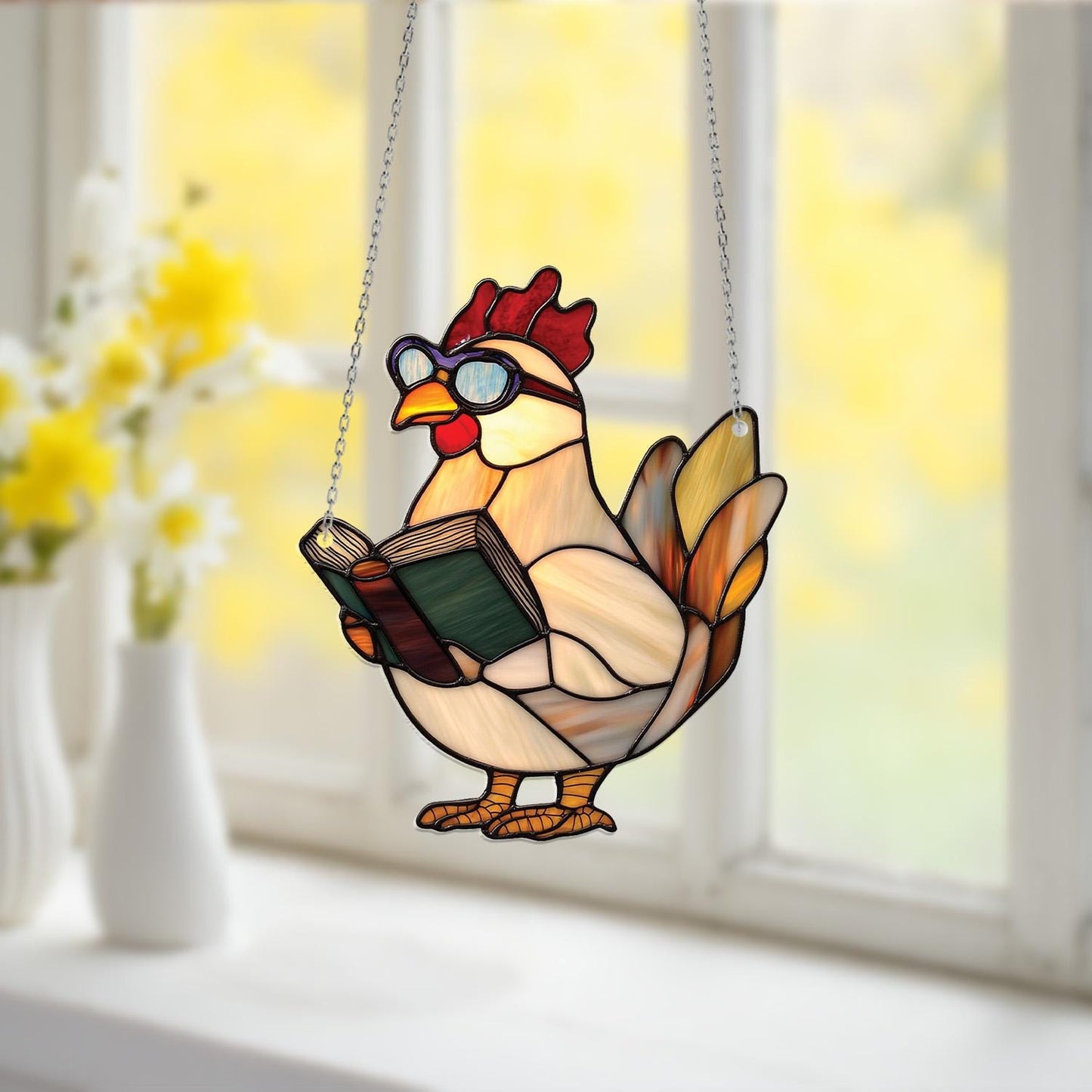 Reading Chicken Window Hanging – Funny Farm Animal Decor, Chicken Lover Gift, Cute Glass-Style Home Accent For Bookworms