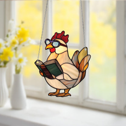 Reading Chicken Window Hanging – Funny Farm Animal Decor, Chicken Lover Gift, Cute Glass-Style Home Accent For Bookworms