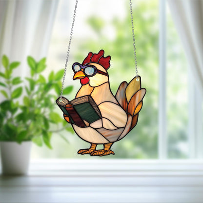 Reading Chicken Window Hanging – Funny Farm Animal Decor, Chicken Lover Gift, Cute Glass-Style Home Accent For Bookworms