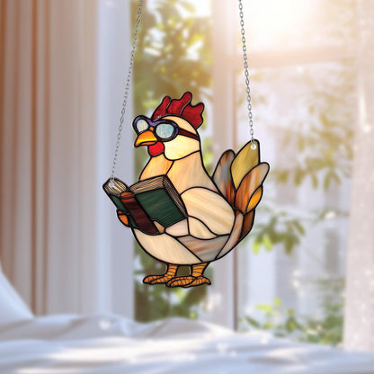 Reading Chicken Window Hanging – Funny Farm Animal Decor, Chicken Lover Gift, Cute Glass-Style Home Accent For Bookworms