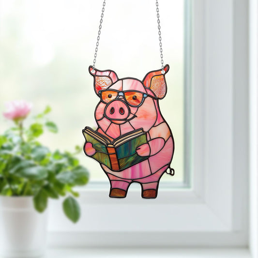 Cute Reading Pig Window Hanging, Farm Animal Decor for Book Lovers, Funny Piggy Gift for Her, Kitchen or Sunroom Farmhouse Decoration
