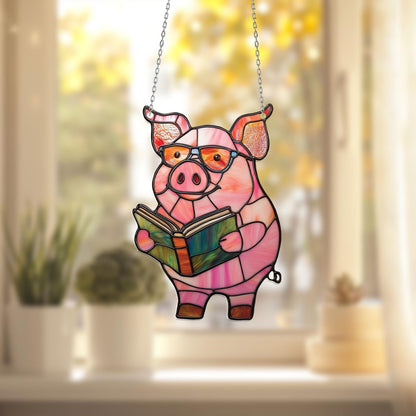 Cute Reading Pig Window Hanging, Farm Animal Decor for Book Lovers, Funny Piggy Gift for Her, Kitchen or Sunroom Farmhouse Decoration