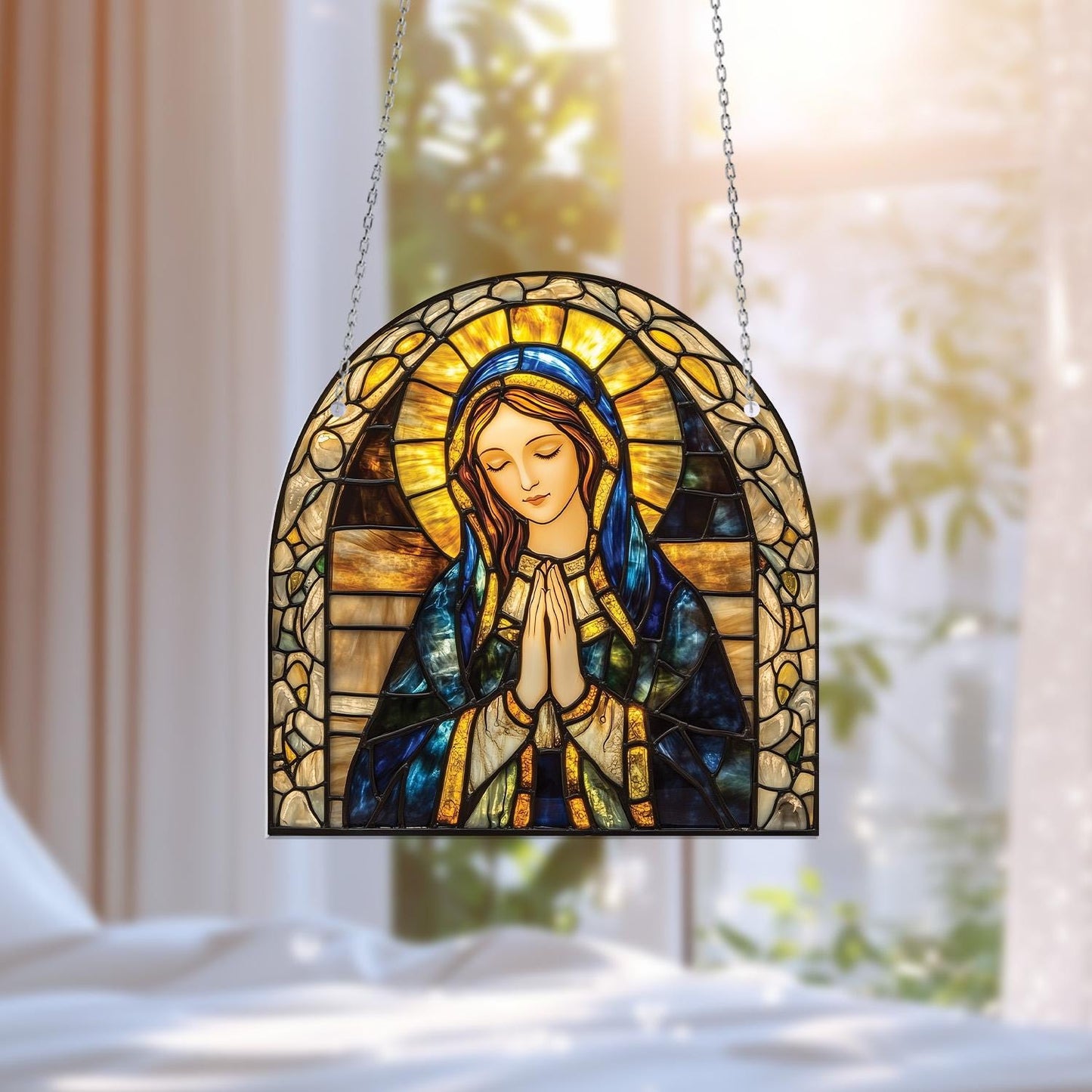 Blessed Virgin Mary Window Hanging for Prayer Room, Catholic Gift for Mom, Religious Home Decor, Christian Faith Room Ornament