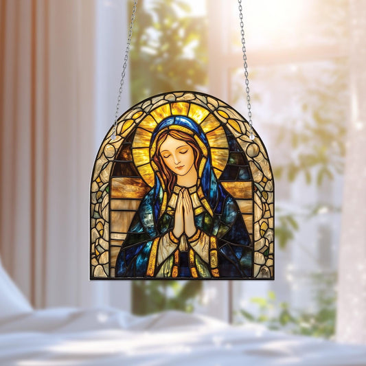 Blessed Virgin Mary Window Hanging for Prayer Room, Catholic Gift for Mom, Religious Home Decor, Christian Faith Room Ornament