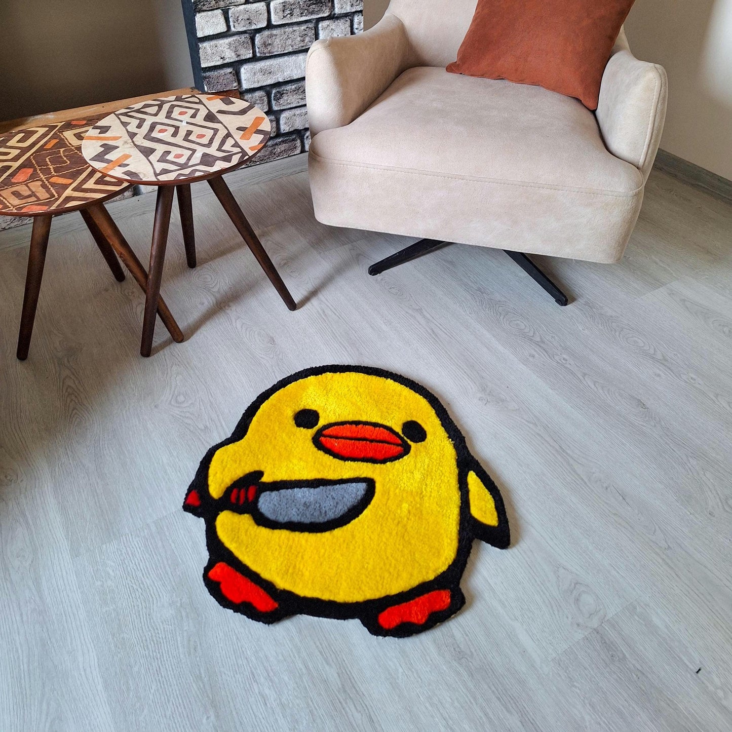 Psycho Chick Rug: Anime Tufted Rug, Handmade Acrylic Yarn Decor