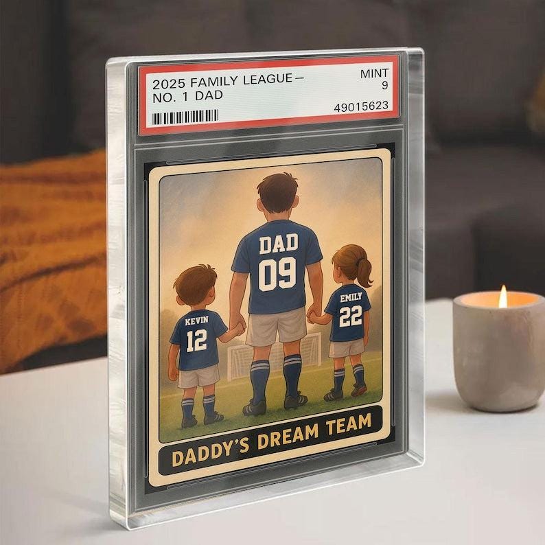 Soccer No.1 Dad Grandpa Man And Kids Trading Card Style Personalized Acrylic Block, Fathers Day 2025 Gift For Soccer Dad,Family Plaque Decor