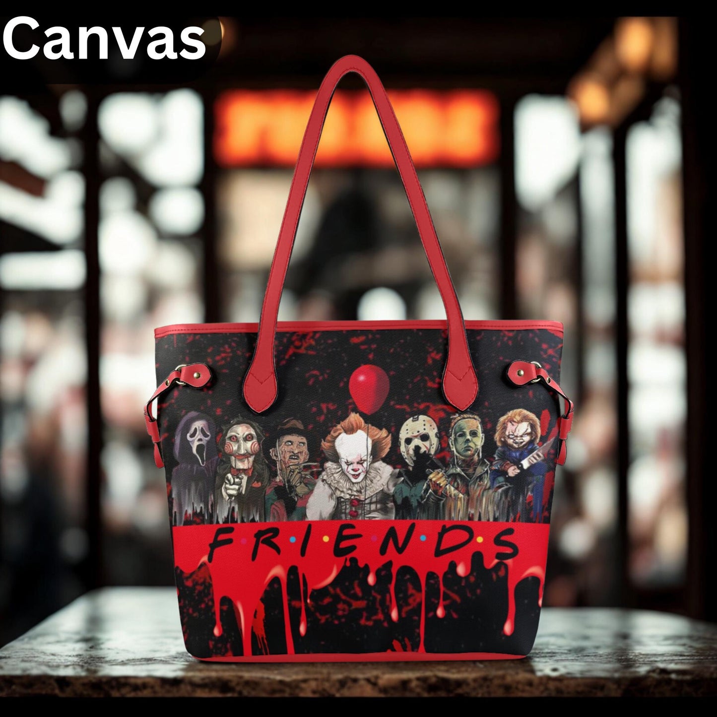 Psycho Friends Red Shoulder Bag, Top handle Tote Bag Purse, Horror Purse,Canvas Handbag, Vegan Leather Tote Bag. Birthday Gift