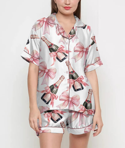 Coquette Champagne Pajamas Satin Set, Pink Bows Shirt, Mother's Day Gift, Birthday Gift,Pjs For Women, Bridesmaid Gifts, Bachelorette