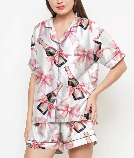 Coquette Champagne Pajamas Satin Set, Pink Bows Shirt, Mother's Day Gift, Birthday Gift,Pjs For Women, Bridesmaid Gifts, Bachelorette