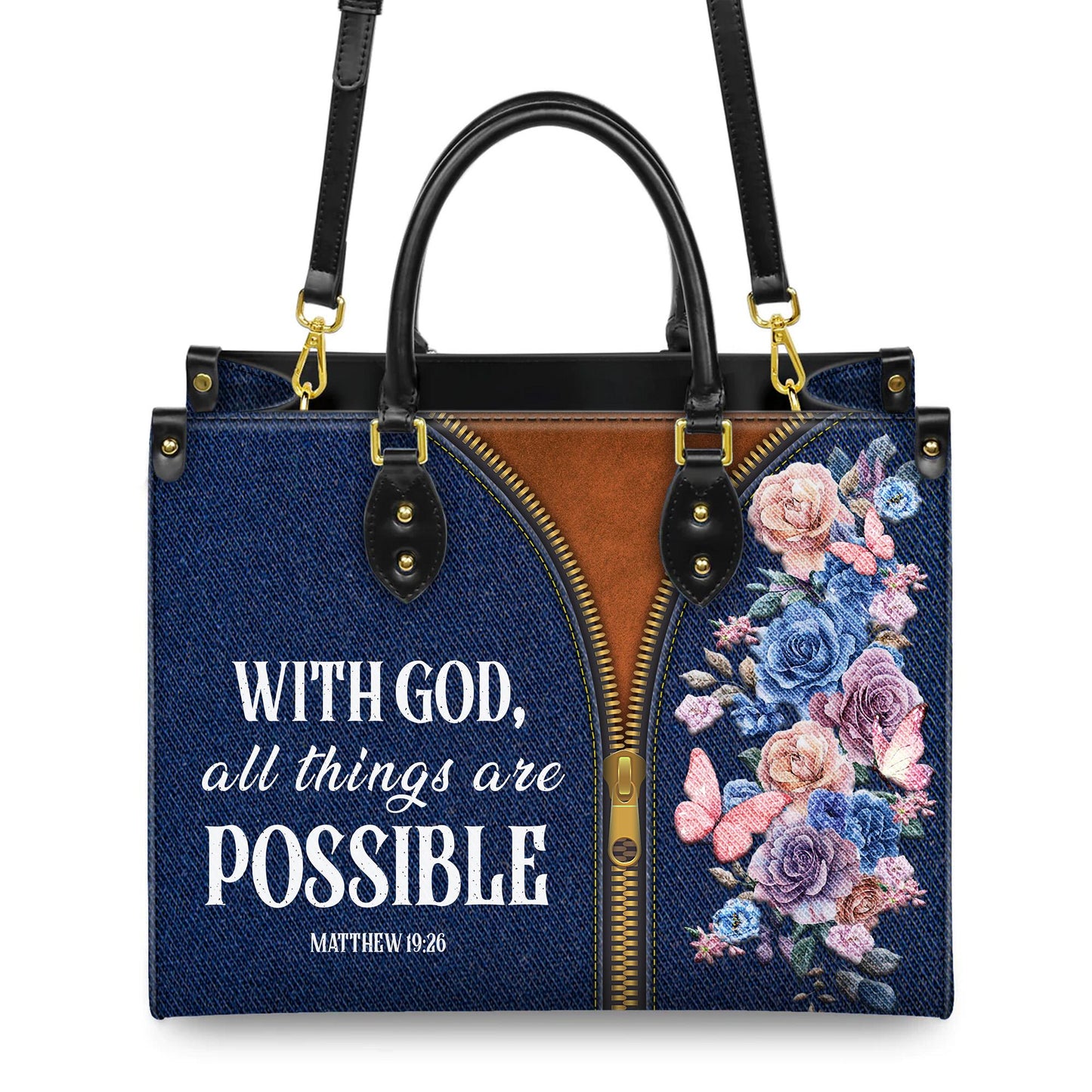 Personalized Leather Handbag Custom Name, Christian Gift, Gifts for Women, With God All Things Are Possible Bag, Floral & Zipper Design