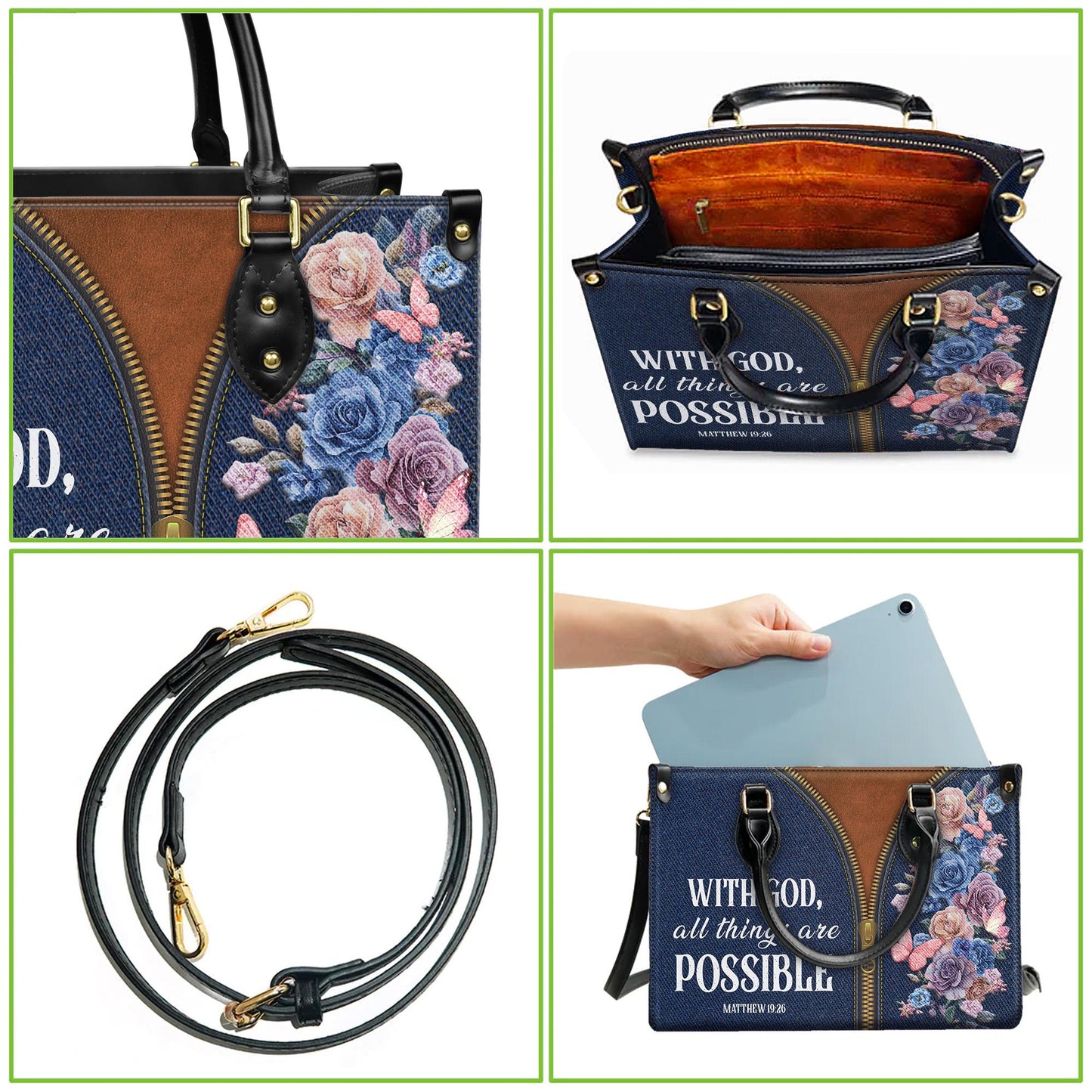 Personalized Leather Handbag Custom Name, Christian Gift, Gifts for Women, With God All Things Are Possible Bag, Floral & Zipper Design