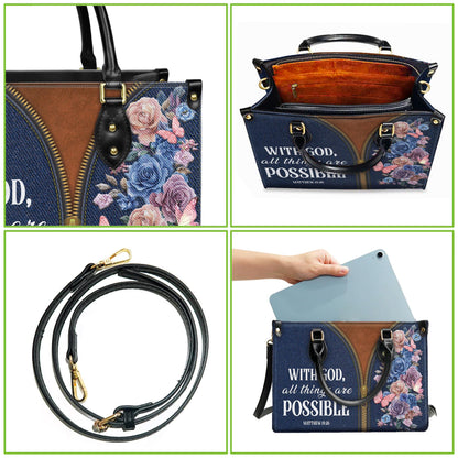 Personalized Leather Handbag Custom Name, Christian Gift, Gifts for Women, With God All Things Are Possible Bag, Floral & Zipper Design