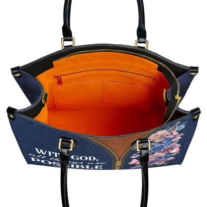 Personalized Leather Handbag Custom Name, Christian Gift, Gifts for Women, With God All Things Are Possible Bag, Floral & Zipper Design