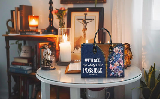 Personalized Leather Handbag Custom Name, Christian Gift, Gifts for Women, With God All Things Are Possible Bag, Floral & Zipper Design