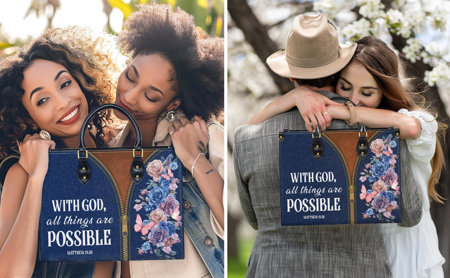 Personalized Leather Handbag Custom Name, Christian Gift, Gifts for Women, With God All Things Are Possible Bag, Floral & Zipper Design
