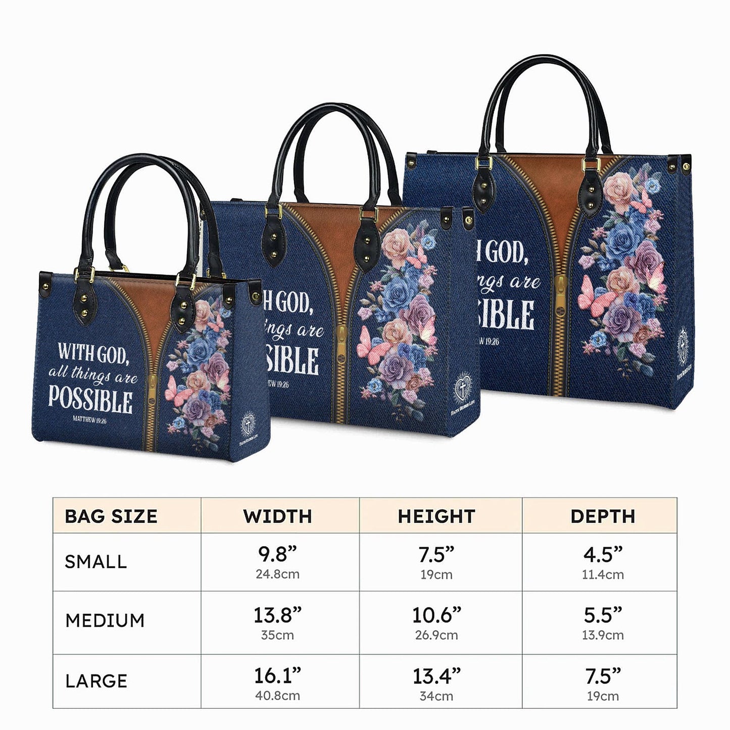 Personalized Leather Handbag Custom Name, Christian Gift, Gifts for Women, With God All Things Are Possible Bag, Floral & Zipper Design