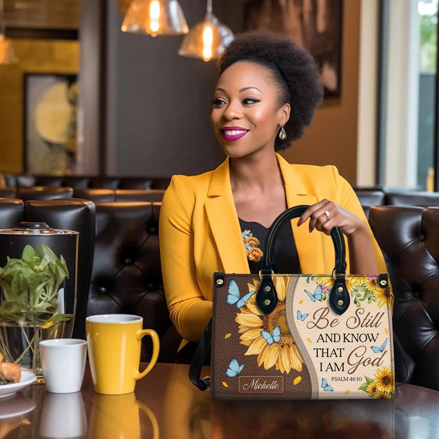 Personalized Leather Handbag Custom Name, Christian Gift, Gifts for Women, Be Still and Know I Am God Bag, Sunflower & Butterfly Design