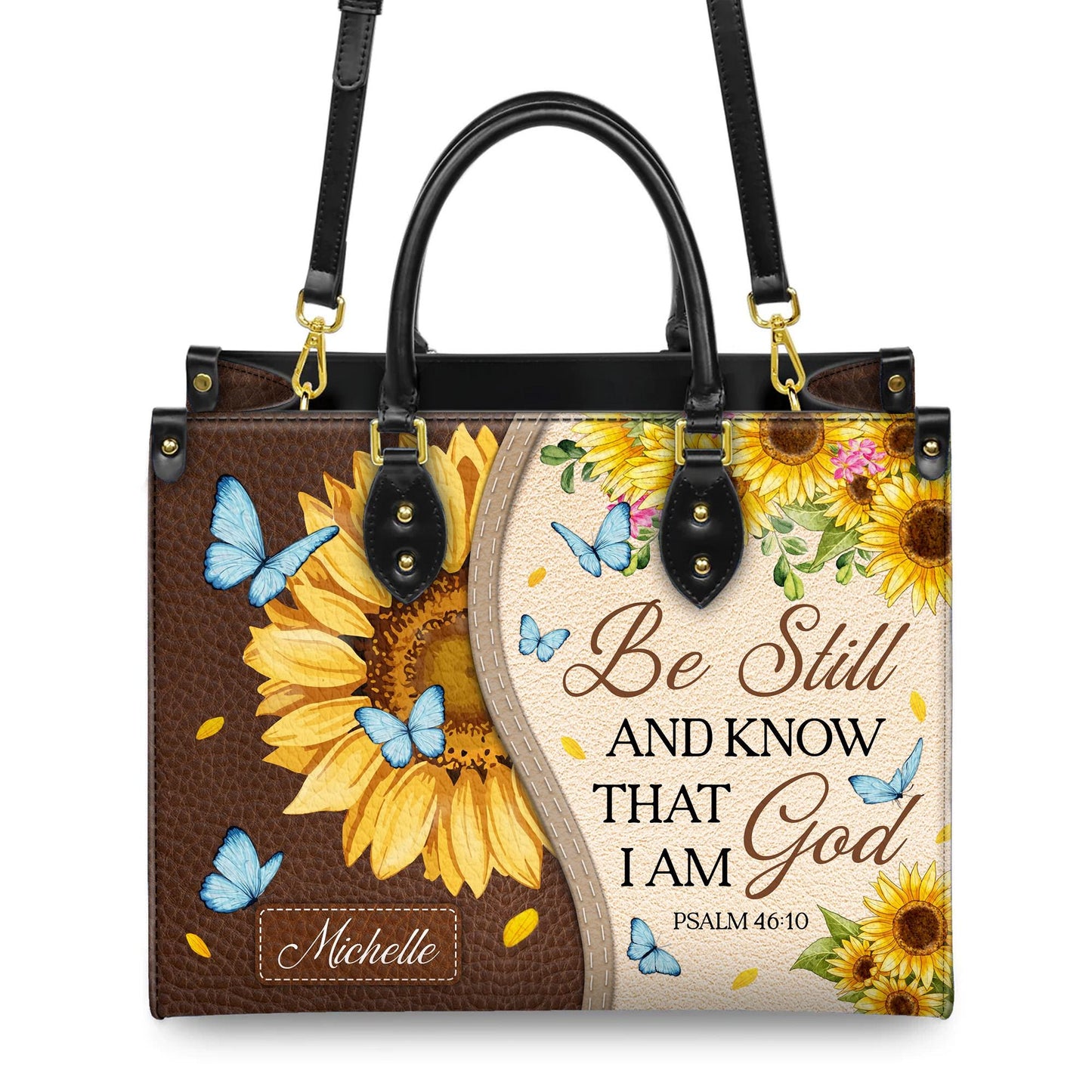 Personalized Leather Handbag Custom Name, Christian Gift, Gifts for Women, Be Still and Know I Am God Bag, Sunflower & Butterfly Design