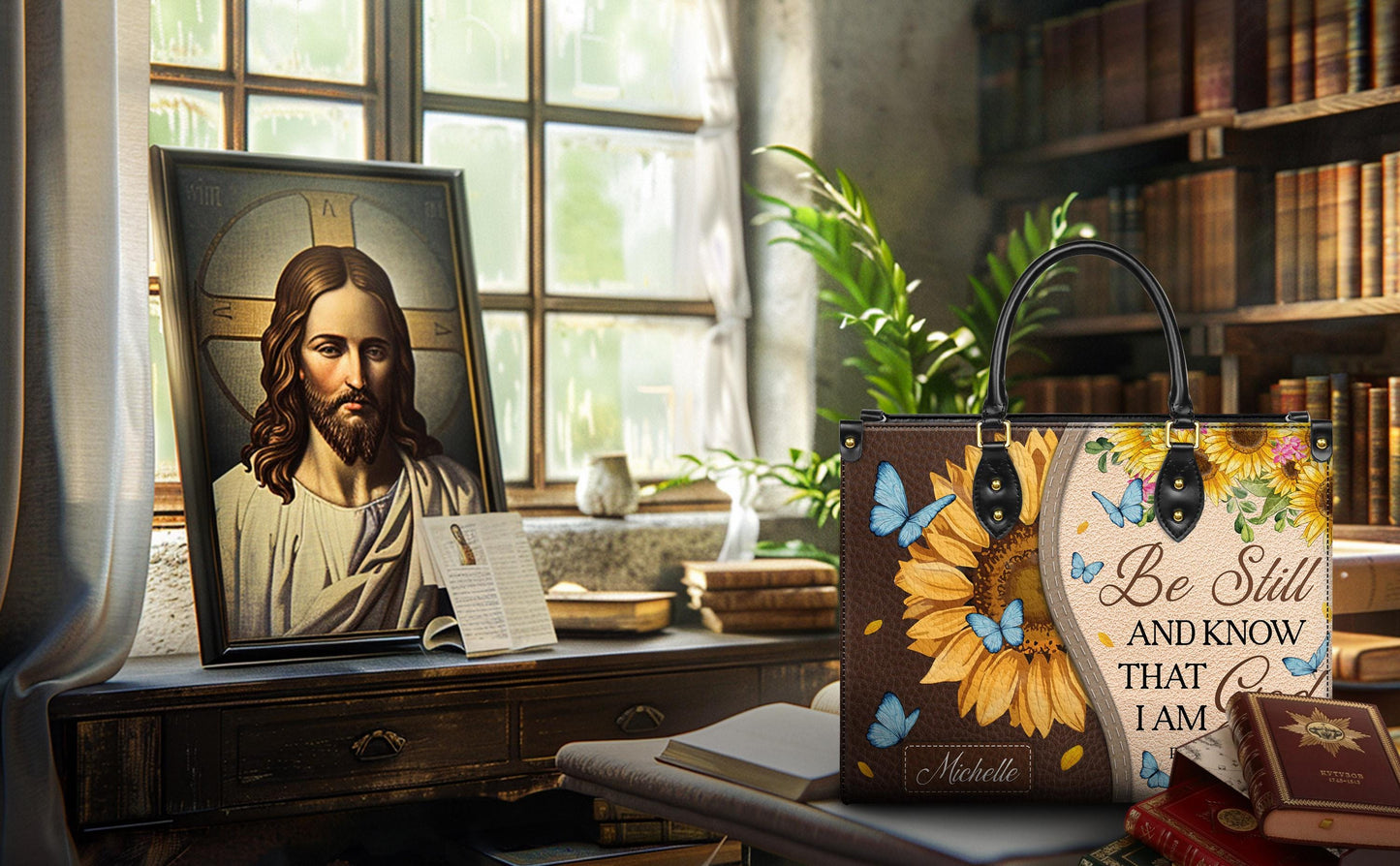 Personalized Leather Handbag Custom Name, Christian Gift, Gifts for Women, Be Still and Know I Am God Bag, Sunflower & Butterfly Design