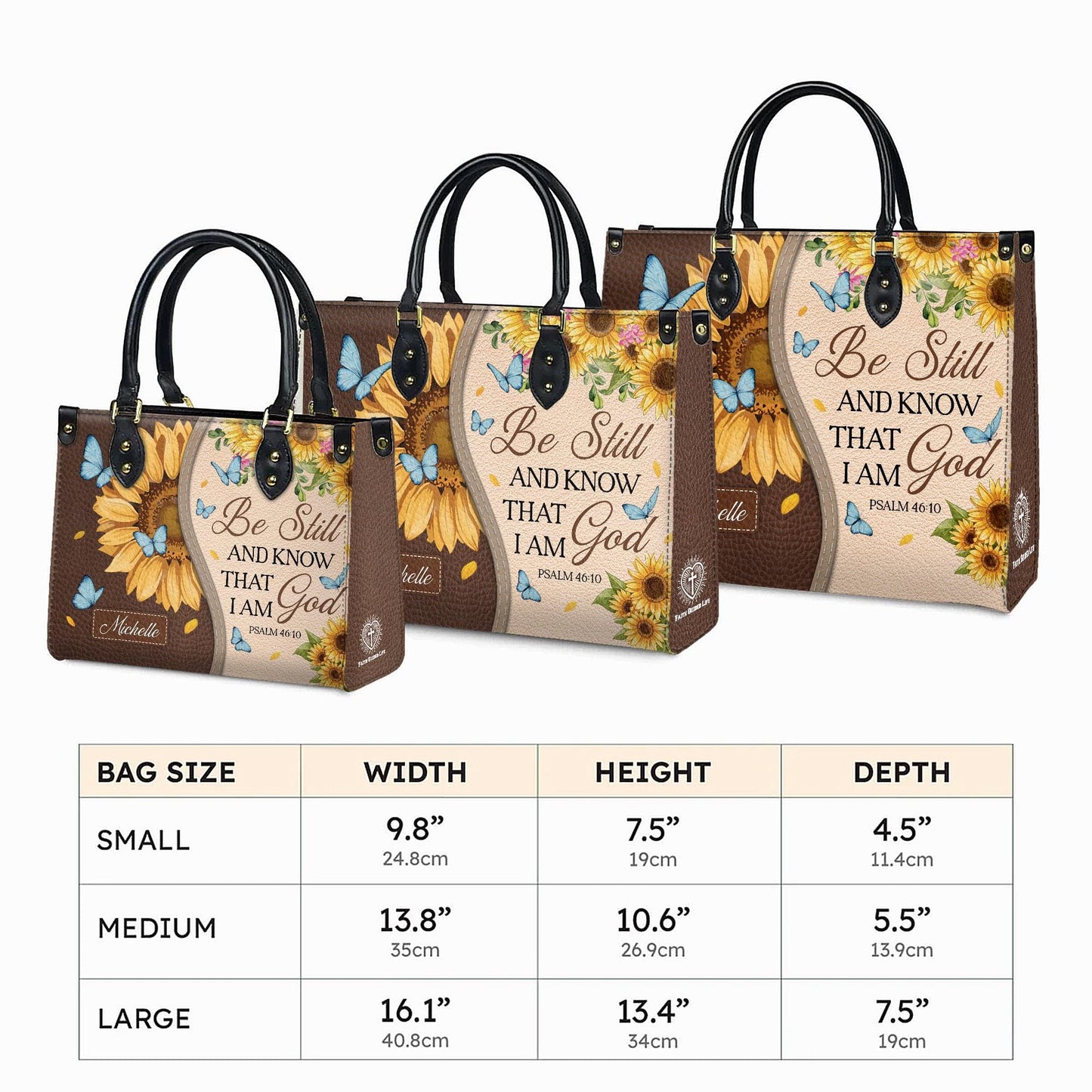 Personalized Leather Handbag Custom Name, Christian Gift, Gifts for Women, Be Still and Know I Am God Bag, Sunflower & Butterfly Design