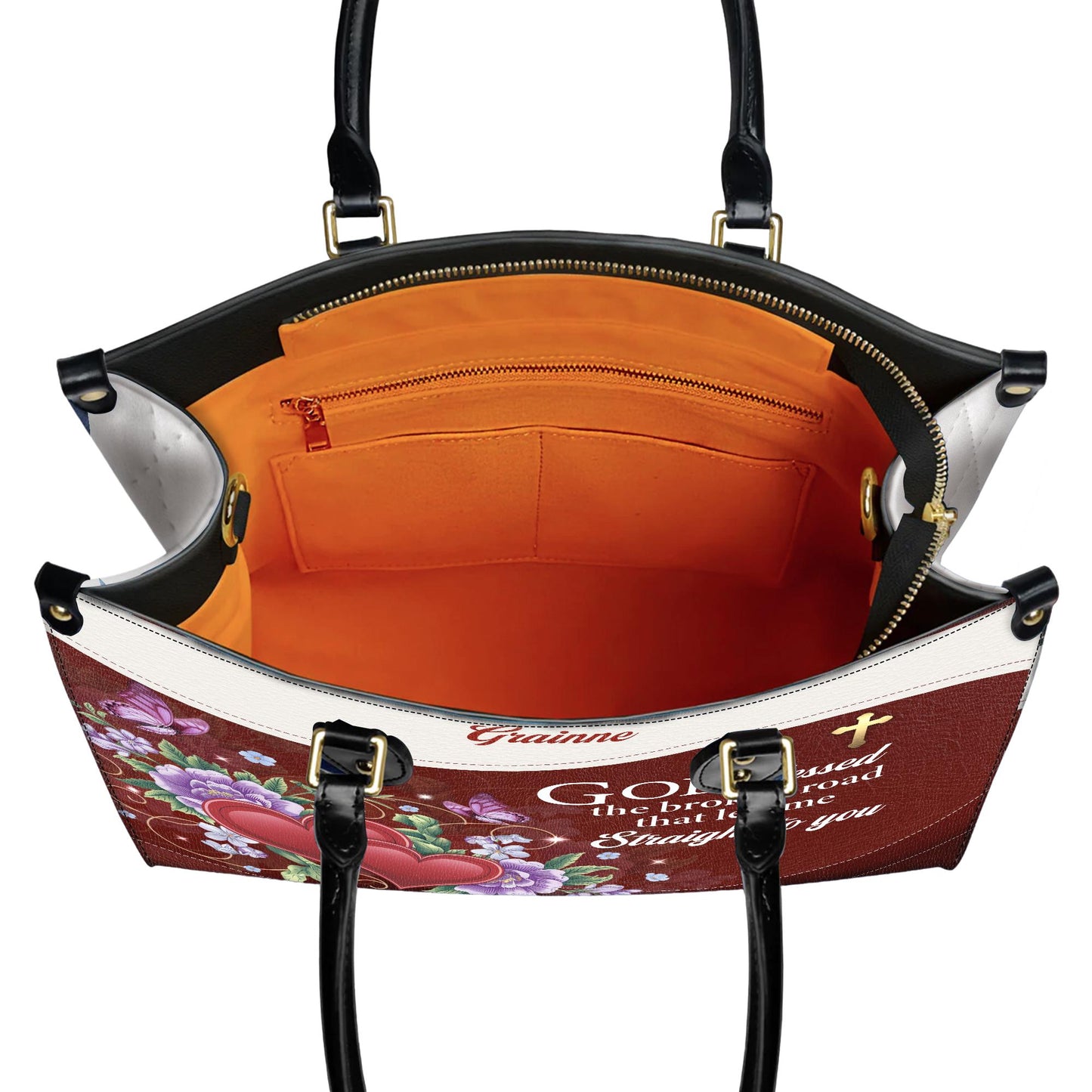 Personalized Leather Handbag Custom Name, Christian Gift, Gifts for Women, God Blessed the Broken Road Bag, Floral Heart Design