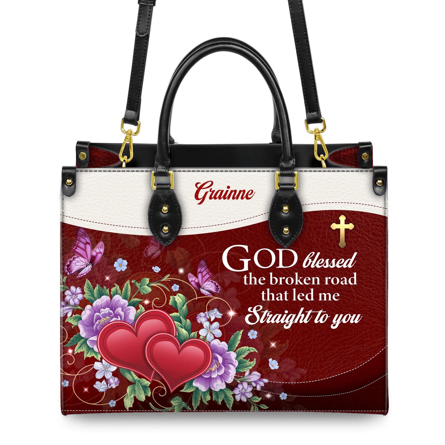 Personalized Leather Handbag Custom Name, Christian Gift, Gifts for Women, God Blessed the Broken Road Bag, Floral Heart Design