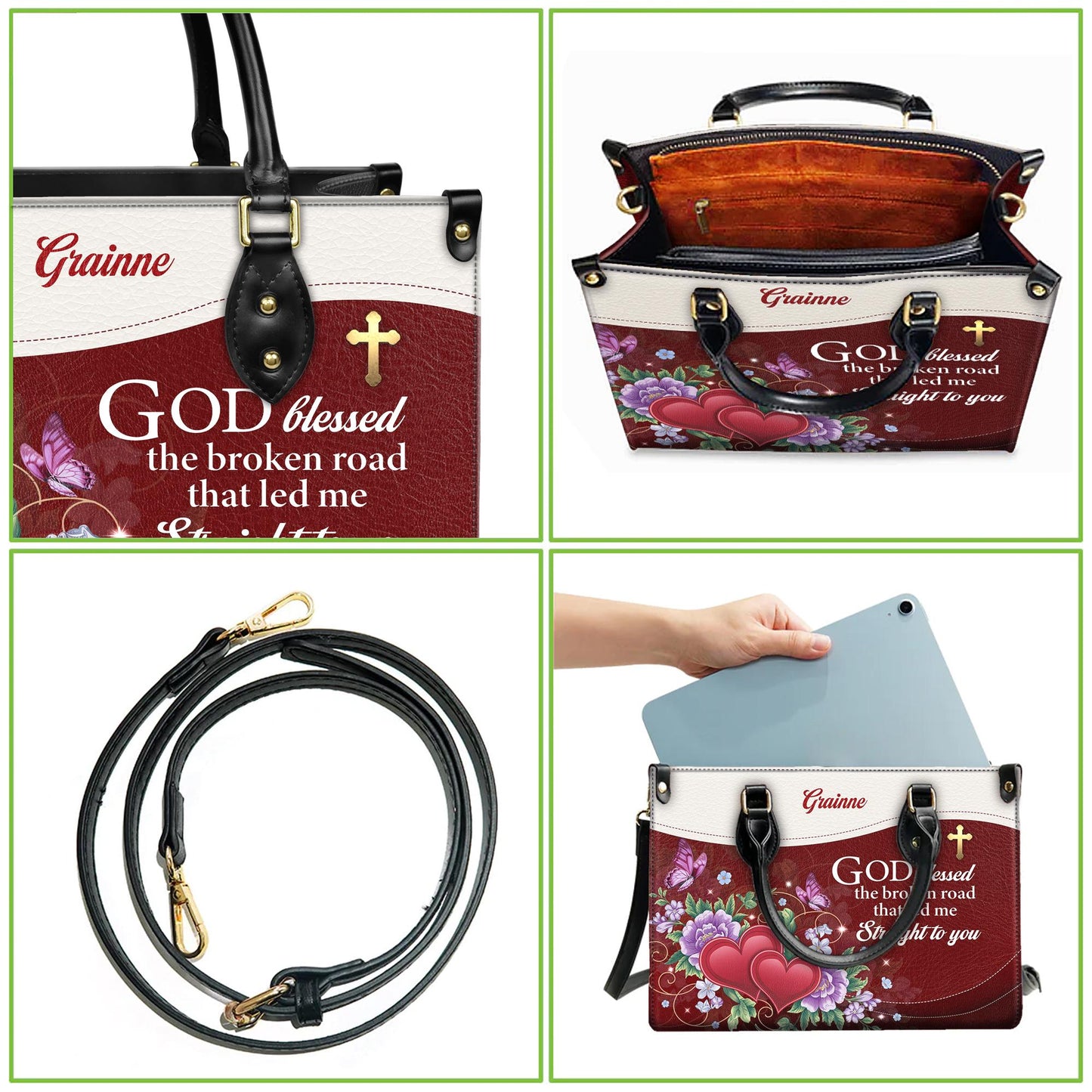 Personalized Leather Handbag Custom Name, Christian Gift, Gifts for Women, God Blessed the Broken Road Bag, Floral Heart Design