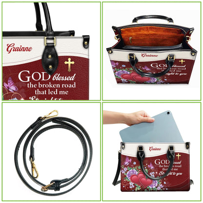 Personalized Leather Handbag Custom Name, Christian Gift, Gifts for Women, God Blessed the Broken Road Bag, Floral Heart Design