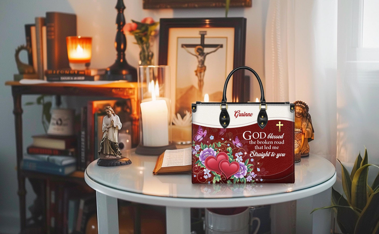 Personalized Leather Handbag Custom Name, Christian Gift, Gifts for Women, God Blessed the Broken Road Bag, Floral Heart Design