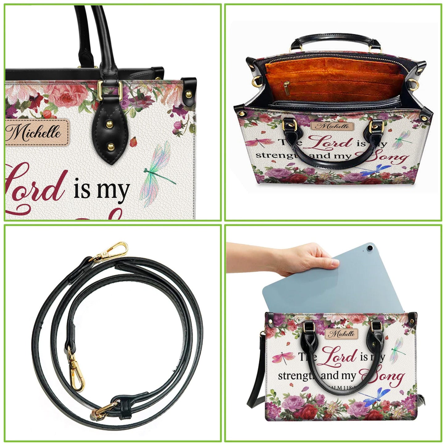 Personalized Leather Handbag Custom Name, Christian Gift, Gifts for Women, The Lord is My Strength Bag, Floral & Dragonfly Design