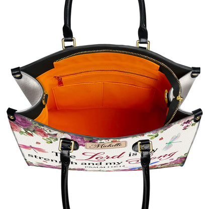 Personalized Leather Handbag Custom Name, Christian Gift, Gifts for Women, The Lord is My Strength Bag, Floral & Dragonfly Design