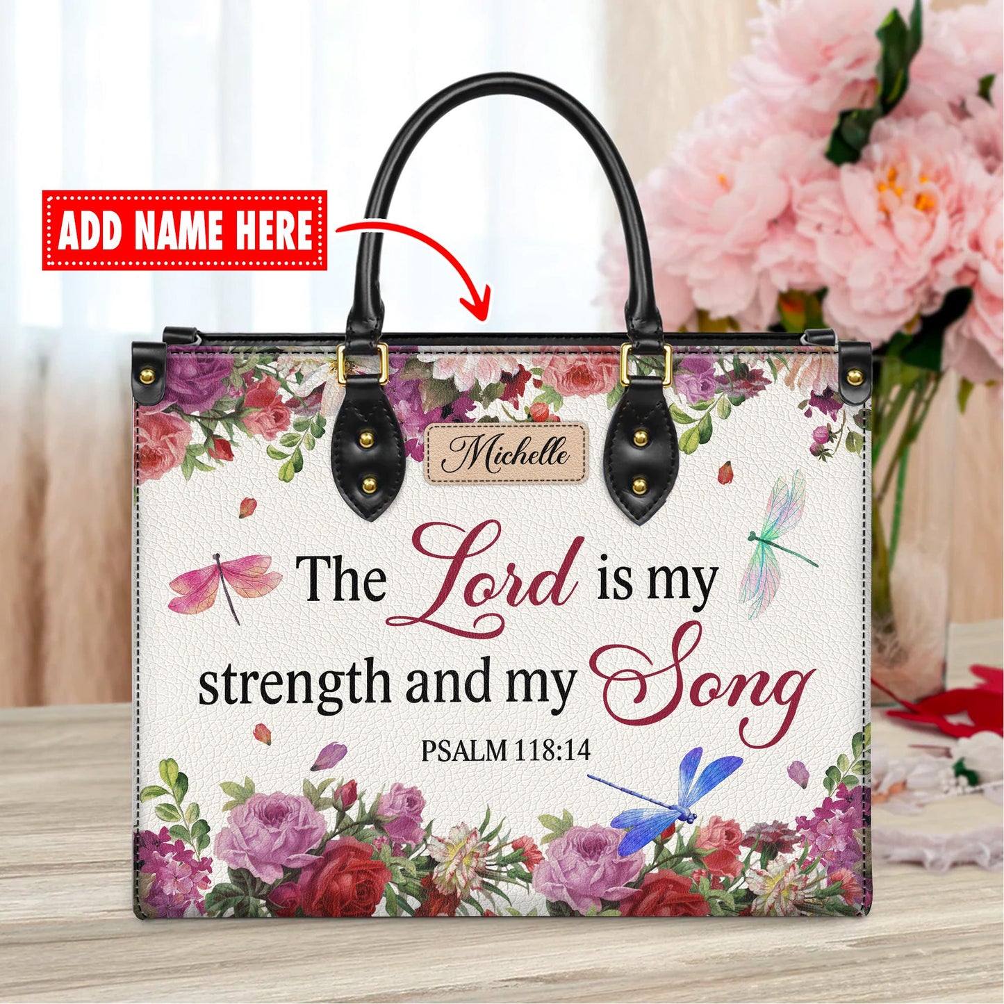 Personalized Leather Handbag Custom Name, Christian Gift, Gifts for Women, The Lord is My Strength Bag, Floral & Dragonfly Design